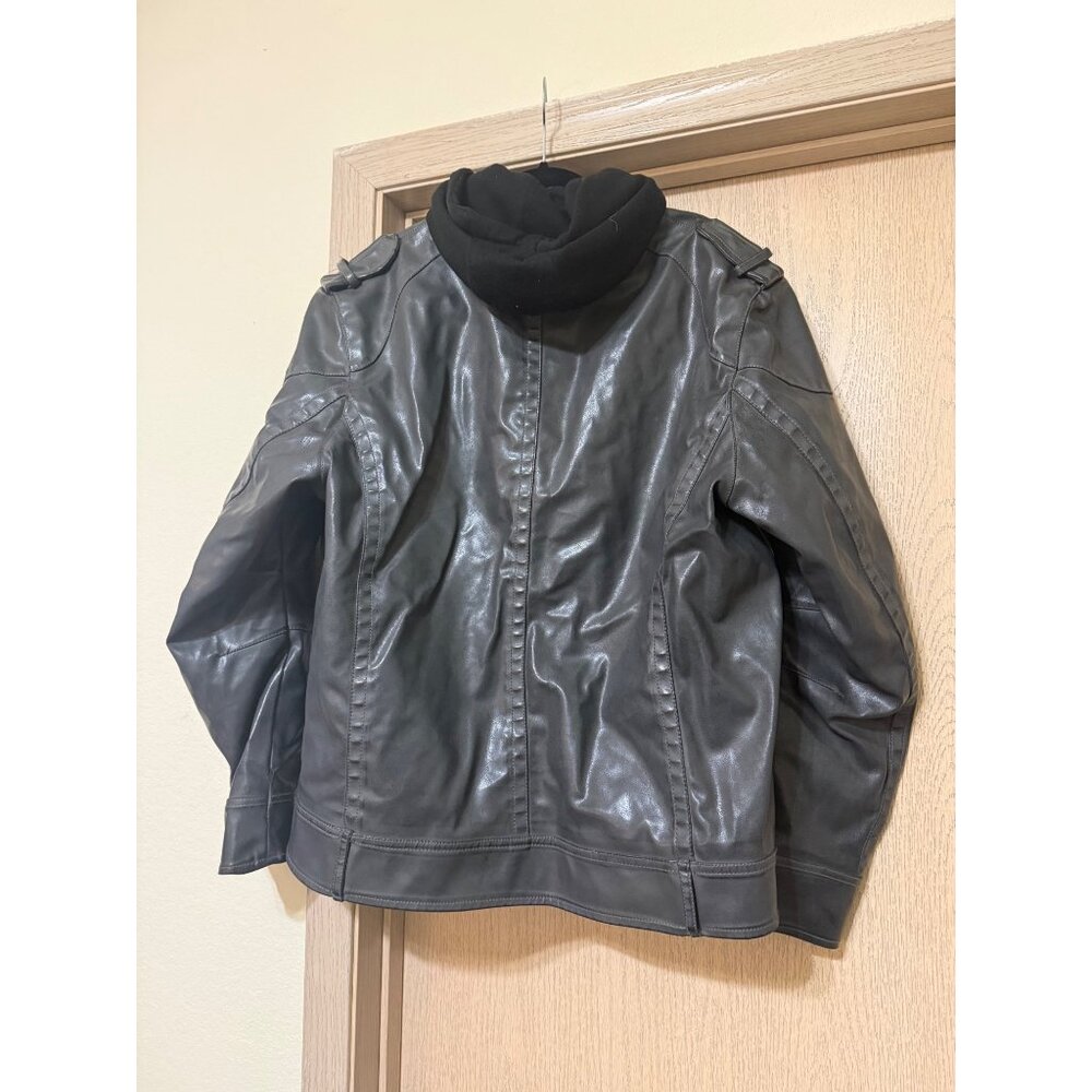 Sonoma Men’s Large Faux Leather Jacket Gray Fleece Hooded Zip Up Coat -READ Desc - Picture 2 of 9